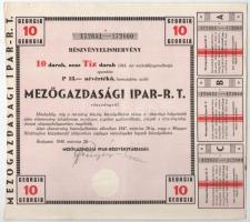 1946. Mezőgazdasági Ipar R.T. részvényelismervénye 15P névértékű részvényről szelvényekkel, szárazpecséttel T:II,II-