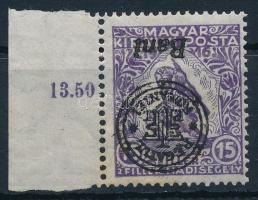 Nagyvárad 1919 Hadisegély 15f ívszéli bélyeg fordított felülnyomással / Mi 24 II. with invetred overprint. Signed: Bodor (rozsda, papírránc / stain, paper crease)