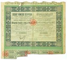 Egyiptom 1951. Egyiptomi földkölcsön - Egyiptomi Részvénytársaság szelvényekkel és bélyegzésekkel T:III,III- restaurált, beszakadások Egypt 1951. Egyptian Land Loan - Egyptian Joint Stock Company with coupons and stamps C:F,VG restored, tears