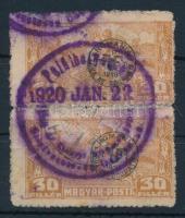 Debrecen II 1919 30f függőleges pár falccal megerősítve, lila román bélyegzéssel, Bodor vizsgálójellel (rozsdafolt / stain)