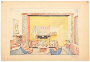 cca 1930-1940. Kaesz Gyula (1897-1967): Modern lakás enteriőr, nappali bútorzatának, berendezésének art deco stílusú terve. Ceruza, karton, pecséttel jelzett. 26x37,5 cm