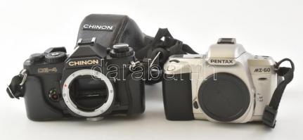 Chinon CE-4 és Pentax MZ-60 fényképezőgépek vázai, objektív nélkül, működőképes, használt állapotban