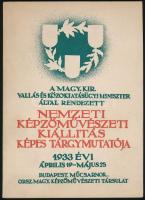 Nemzeti Képzőművészeti Kiállítás Képes Tárgymutatója. Budapest, 1933, Országos Magyar Képzőművészeti Társulat. Fekete-fehér képekkel, többek közt Aba-Novák Vilmos, Berény Róbert, Bernáth Aurél, Czóbel Béla, Egry József, Glatz Oszkár, Márffy Ödön, Molnár C. Pál, Patkó Károly, Szőnyi István, Vaszary János, Vilt Tibor műveinek reprodukcióival illusztrált. Kiadói papírkötésben.