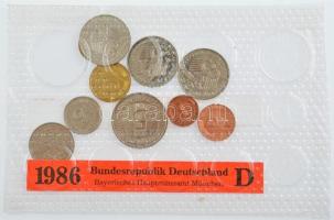 NSZK 1986D 1pf-5M (10xklf) forgalmi sor sérült, ragasztott fóliatokban T:PP GFR 1986D 1 Pfennig - 5 Mark (10xdiff) coin set in damaged, sticked foil pack C:PP