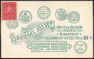 1933 Bp., Spriegel József Arany és Ékszerműves fejléces számlája illetékbélyegekkel