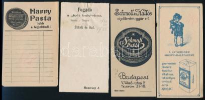 6 db számolócédula (Palma, Kneipp-Malátakávé, Harry Pasta, Fogadó a két bakhoz, Eternit, Schmoll Pasta)