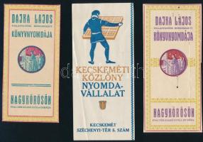 Kecskeméti Közlöny Nyomdavállalat és Dajka Lajos Könyvnyomdája 3 db számolócédula, hajtott egyik apró lyukakkal