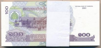 Kambodzsa 2001. 100R (100x) kötegelővel, sorszámkövetők T:I,I- Cambodia 2001. 100 Riels (100x) with ...