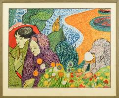 Hatlaczky J jelzéssel: Virágok közt. Akvarell, papír. Üvegezett fakeretben. 36x47,5 cm