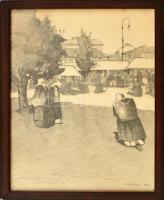 Pataky Andor (1891-). Piaci jelenet, 1921. Tus, ceruza, papír. Jelzett. Hátoldalán autográf felirattal. 25x19 cm