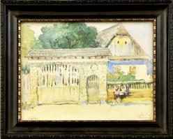 Füstös Zoltán (1901-1975): Székelykapu. Akvarell, papír. Jelzett. Dekoratív, üvegezett,sérült fa keretben, 14×18,5 cm