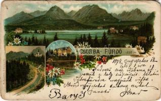 1898 (Vorläufer) Tátra, Magas-Tátra, Vysoké Tatry; Csorba-tó, Csorba-fürdő, fogaskerekű vasút / Strbské pleso / Csorba am See / lake, cogwheel railway, train. M. Kuschel. Art Nouveau, floral, litho (b)