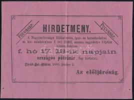 1888 Törökszentmiklós, hirdetmény országos pótvásárról