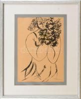 Hincz Gyula (1904-1986): Női akt virággal. Tus, papír, jelzett, üvegezett fa keretben. Lap alján apró szakadással. 28x20 cm / Gyula Hincz (1904-1986): Female nude with flowers. Ink on paper, signed, framed. With small tear on the bottom. 28x20 cm