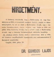 1916 Cegléd, Dr. Gombos Lajos polgármester hadi terménnyel kapcsolatos hirdetménye, hajtott