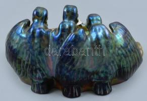 Zsolnay eozin mázas keselyűs tál, 1920 körül, jelzett, kopásnyomokkal, sérült, 16,5×10,5 cm