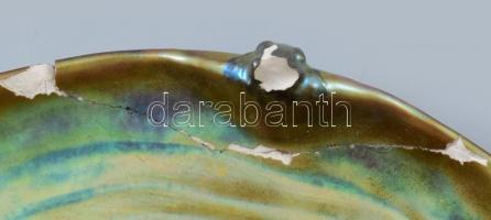 Zsolnay eozin mázas keselyűs tál, 1920 körül, jelzett, kopásnyomokkal, sérült, 16,5×10,5 cm