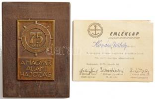 1970. 75 éves a Magyar Állami Hajózás 1895-1970 Br lemezplakett (80x49mm) fa talapzaton (125x89mm), emléklappal T:1-