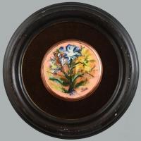 Jelzett (Sz) Virág tűzzomác, réz lemez, keretben, d: 10 cm
