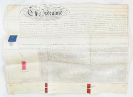 1856 London, angol nyelvű birtokügyi (ingatlan bérbeadási) szerződés, pergamen, viaszpecsétekkel, okmánybélyeggel / Indenture of Lease, parchment, with wax seals and revenue stamp