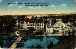 1910 Pöstyén, Piestany; Thermia szálló az Irma fürdővel, hajóhíd / Thermia-Palace mit Bad Irma / hotel, spa, bath, pontoon bridge (EK)