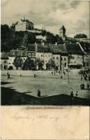 1906 Segesvár, Schässburg, Sighisoara; tér, üzletek / square, shops (szakadás / tear)