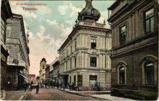 1909 Temesvár, Timisoara; Lonovics utca, Hotel Hungária szálloda és kávéház, üzletek. Tóth Béla kiadása / street view, hotel and café, shops (EB)