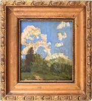 Gách István Lipót (1880-1962): Napfényes táj. Olaj, rétegelt falemez. Fakeretben. 19x17 cm