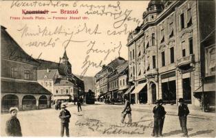 1906 Brassó, Kronstadt, Brasov; Ferenc József tér, városi vasút, vonat, üzletek / square, urban railway, train, shop (EK)