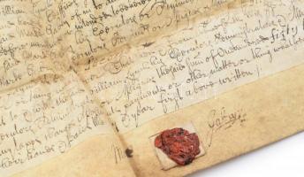1706 Angol nyelvű birtokügyi szerződés Mark Gabry és William Lynch felek között, pergamen, viaszpecs...