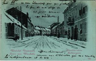 1901 Versec, Werschetz, Vrsac; Városház utca télen. Wilhelm Wettl kiadása / Rathausgasse / street view in winter (EK)