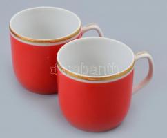 Hollóházi retró piros porcelán mokkás készlet, matricás, jelzett, kopásokkal