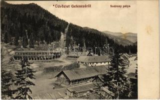 1912 Gelence, Ghelinta; fűrésztelep sodronypályával. Bogdán A. fényképész kiadása / sawmill with ropeway transport