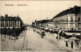 Temesvár, Timisoara; Kossuth utca, villamos, Keppich Adolf divatáruház reklámja bódén, Thomas E.K. kalapgyár üzlete / street, tram, shops