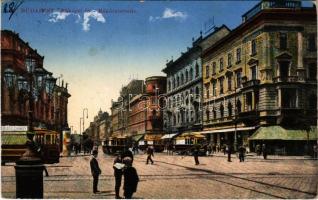 1915 Budapest VIII. Rákóczi út, villamosok, Hotel Orient szálloda, Emke kávéház (fl)