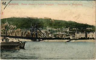 1907 Budapest, Erzsébet híd, Dunai részlet a Gellértheggyel. Taussig A. 7366. (EK)