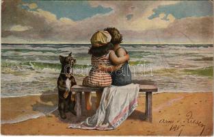 1918 Weltvergessen / Children art postcard, on the beach, dog s: Arno v. Riesen (EK)