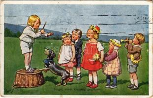 1936 Singe, wem Gesang gegeben / Children art postcard, choir singing with dog. B.K.W.I. 243-5. s: K. Feiertag (szakadás / tear)