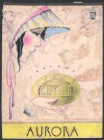 Aurora Chypre,.art deco plakát- v. reklámterv, 1925-30 körül. Tempera, ceruza, karton. Jelzés nélkül, feltehetően Galambos Margit (?-?) alkotása. Foltos, sérült. 28,5x21,5 cm.