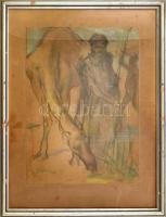 Fried Pál (1893-1976): Beduin tevével. Pasztell, papír. Jelzett. 44,5x32 cm. Proveniencia: Korábban Szakál Géza (1883-1959) fényképész, fotóművész tulajdonában. Fried Pál művészetében az orientális,. arab világból ismert motívumok egy észak-afrikai utazás során tűntek fel. 1931-ben szeptemberében-októberében járt Tuniszban, az akkori francia gyarmati városban. Feltehetően ekkor vagy ez után készült az aukciónkon szereplő tétel. Korabeli modern, sérült üvegezett fakeretben. / Pál Fried (1893-1955): Bedouin with camel. Pastell on paper. Signed. 44,5x32 cm. Framed. Provenance: Formerly Géza Szakál (1883-1939) photographer, photo artist.
