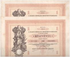 Makó 1929. "Makói Népbank Részvénytársaság" részvénye 50P-ről (2x), sorszámkövetők "000307 - 000308", szelvényekkel T:I-,II kis szakadás, fo.