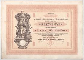 Makó 1929. "Makói Népbank Részvénytársaság" részvénye 50P-ről (2x), sorszámkövetők "0...