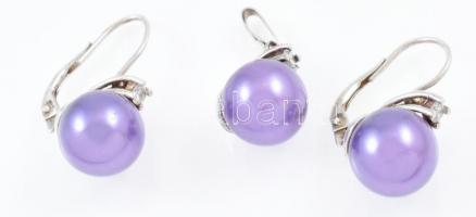 Ezüst(Ag) fülbevalópár és függő lila gyönggyel, jelzett, bruttó: 7,69 g