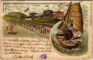 1901 Norderney, Grüsse aus Norderney. Giftbude / beach, ladies in sailboat. Kunstanstalt Rosenblatt. Art Nouveau, litho (pinholes)