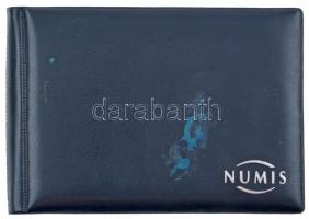 1db NUMIS kék műbőr kisalakú érmeberakó album, benne 8x6db férőhellyel, használt, kissé szennyezett állapotban