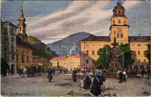 1915 Salzburg, Residenzplatz mit Glockenspiel. Mozartplatz mit Gaisberg. B.K.W.I. Serie 920/24. s: Hans Götzinger (EB)