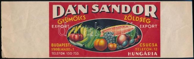 cca 1940 Dán Sándor gyümölcs-zöldség konzerv címke, 31x9 cm