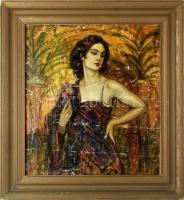 Dudits Andor (1866-1944): Hölgy virággal. Olaj, vászon, kartonon, jelzett. Sérült. Dekoratív, sérült fakeretben. 76x69 cm