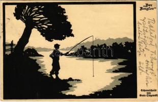 1917 Der Angler. Scherenschnitt / Silhouette art postcard, fisherman. Deutsche Schulverein Karte Nr. 1046. s: Grete Olszewski (lyukak / pinholes)