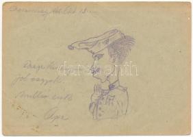 1942 Kézzel rajzolt Tábori Postai Levelezőlap az orosz frontról. "A magyar élet ára: a szovjet halála!" / WWII Hungarian military, hand-drawn field art postcard from the Russian front (fa)